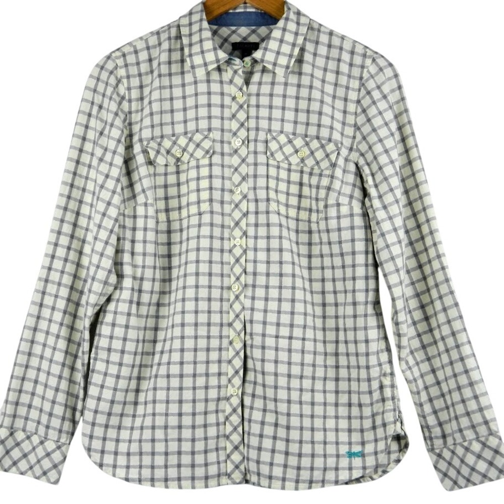 Talbots Women's Medium Grey‎ Check Plaid with Silver Stitching Button Up Shirt